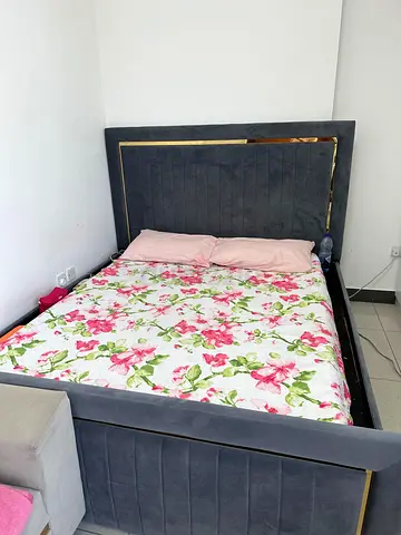 Grey Velvet Bed Frame with Headboard and Gold Trim