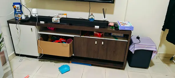 Danube homes Dark wood TV entertainment unit with cabinets and open shelves 1 year warranty left