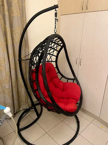 Hanging egg chair with stand and red cushion - good condition