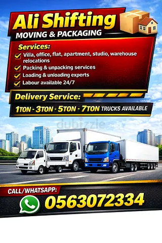 ALI movers and packer shifting moving packing villas office flat apartment studio pickup rental LLC