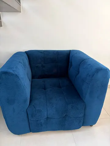 Blue plush armchair and stool  - brand new