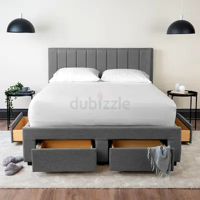 Light gray linen fabric 4 drawers full bed