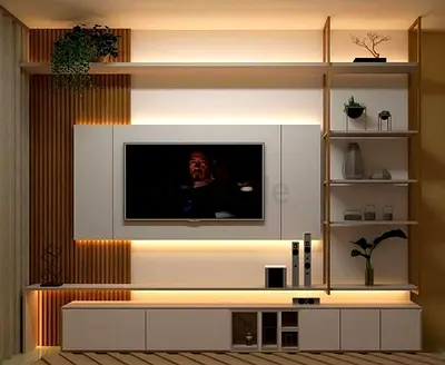 Modern TV entertainment unit with built-in shelves and LED lighting
