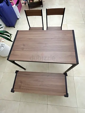 Wood  metal dining table set with bench and 2 chairs