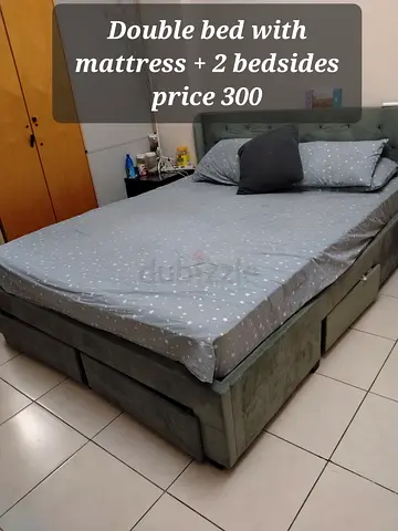 Double upholstered storage bed with mattress and 2 bedside tables - good condition