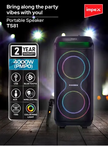 My Impex TS81 Portable Bluetooth Party Speaker - 4000W PMPO + Wireless Mic