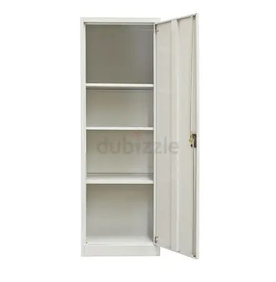 My white metal lockable storage cabinet - tall slim 4-shelf cupboard