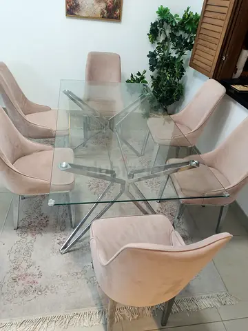 Glass dining table with 6 blush-pink velvet chairs (modern set)