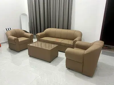 Blue leather 3-piece sofa set — 3-seater + 2 armchairs, good condition