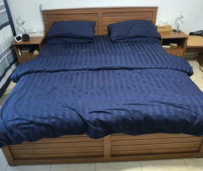 Solid wood bed frame with headboard and matching bedside tables + Mattress