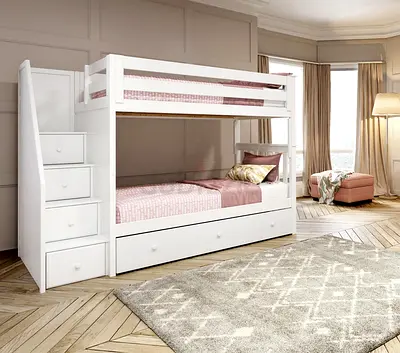Brand New White Wooden Bunk Bed with Stairs, Storage Drawers and Trundle