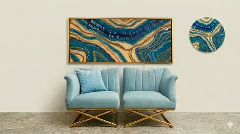 A unique seating area - a pair of comfortable armchairs, sky-blue velvet, with a golden X-shaped bas