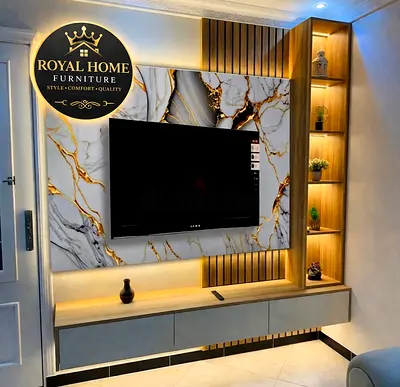 Modern wall-mounted TV unit with marble-effect panel and built-in shelves