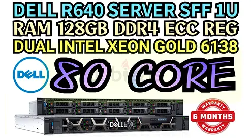 128GB RAM DDR4 DELL R640 SERVER 1U SFF 80 COR 2 INTEL XEON GOLD 6138 SSD 2TB+HARD DRIVE 4.8TB SAS