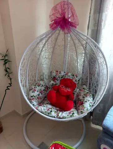 White Hanging Egg Chair with Stand and Floral Cushion