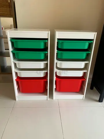 Pair of white kids storage units with colorful plastic bins (set of 2)