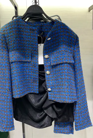 Zara Blue Black Tweed Cropped Jacket