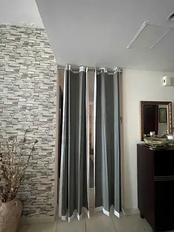 Grey eyelet curtains with white trim - set of 2 (used)