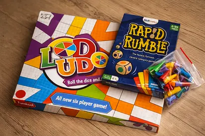 Ludo (6-player) + Rapid Rumble party game with extra tokens
