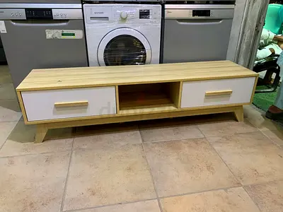Low TV Console - Light Wood with 2 White Drawers