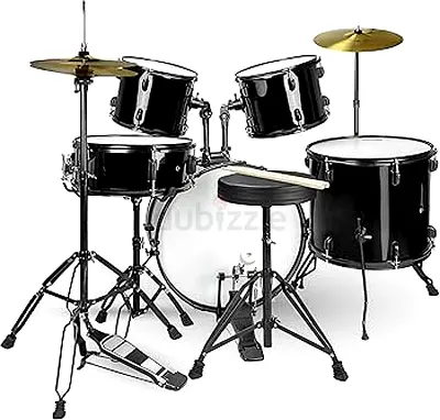 RockJam Black Drum Kit with Five Drums, Two Cymbals, Drum Throne and Drumsticks