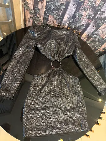 Silver-black sequin long-sleeve mini dress with front ring detail