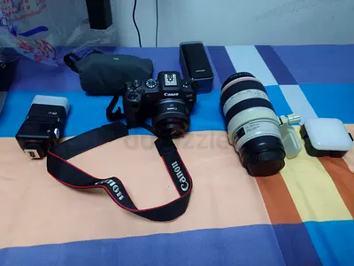 Canon mirrorless camera eos r8 with Canon ef 70 300 mm L telephoto lens plus rf 50mm f1.8 stm acceso