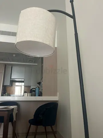 Arc Floor Lamp with Beige Fabric Drum Shade - slightly used