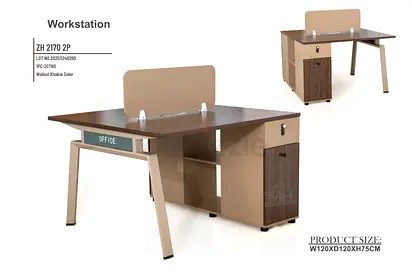 2‑Person Office Workstation Desk with Divider  Storage — 120x120x75 cm (Walnut)