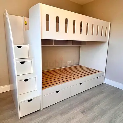 White bunk bed with built-in drawers and stair storage (twin/twin)