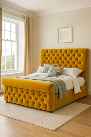 Mustard velvet tufted bed frame