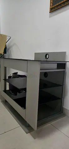 Modern Grey TV Stand with Glass Shelves