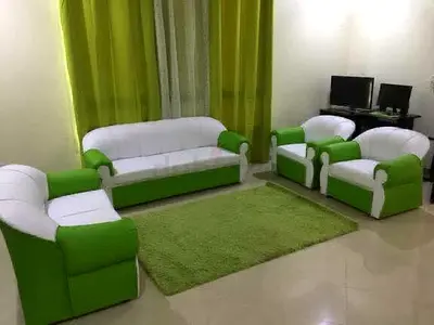 Green and white sofa set — 3-seater with 2 armchairs (used)