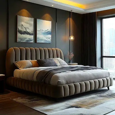 Olive green vertical chennal round corner queen bed