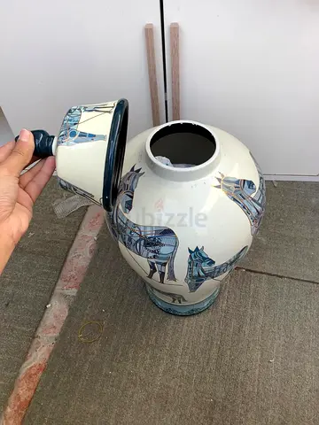 Large ceramic decorative vase/lamp with blue horse design — sold as-is (detached top)