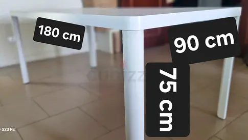 White dining table — 180 x 90 x 75 cm and 6 chairs