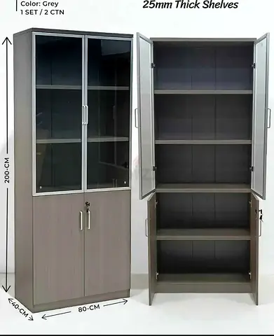 Grey 200cm Tall Storage Cabinet with Glass Doors (Lockable)