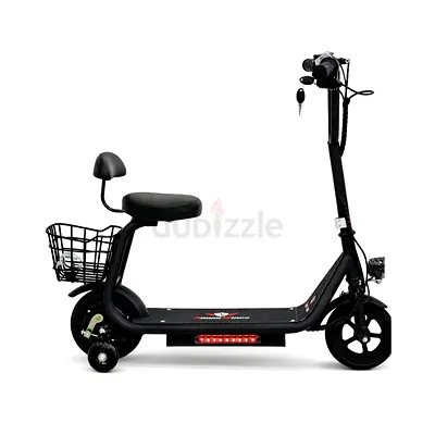 Electric scooter with seat, basket and training wheels