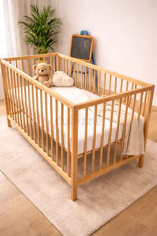 Natural Solid Wood Baby Crib with Mattress-New Condition