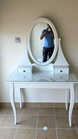 White Vanity Dressing Table with Oval Mirror and Drawers
