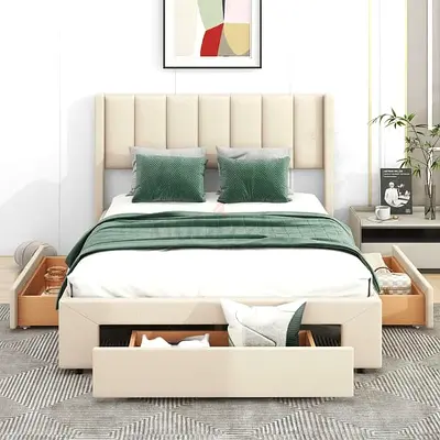 Deep tufted headboard 6 drawers Queen bed