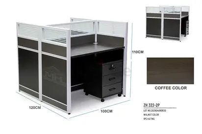Modular 2-Person Office Workstation with Partitions  Mobile Drawers - Coffee Walnut