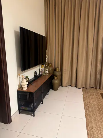 Wood Top Media Console with Black Metal Frame