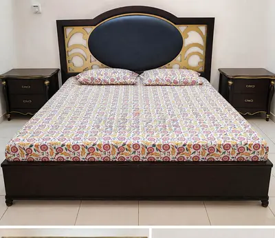 My wooden bed with upholstered headboard and 2 matching nightstands