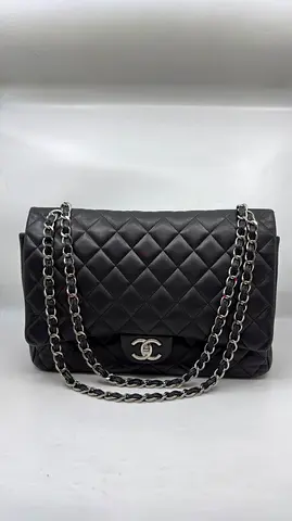 Chanel Maxi Double Flap in Black Lambskin with Silver Hardware