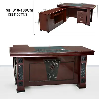 Executive mahogany office desk with matching credenza and marble inlay