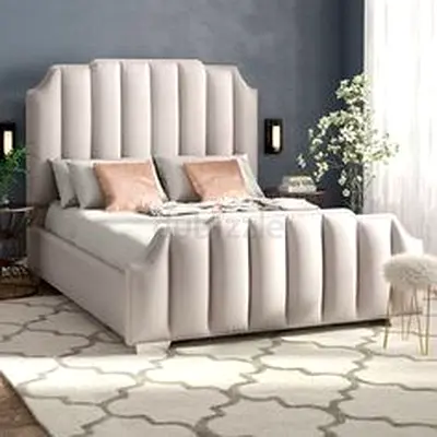 Light beige upholstered channel-tufted bed frame