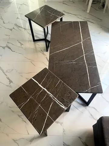 3-piece marble-effect coffee table set with black metal frame