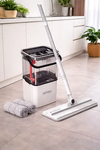 My flat self-wringing mop  bucket set with 2 microfiber pads