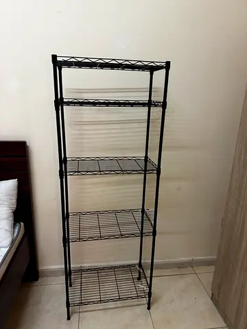 Black 5-tier metal shelving rack — sturdy, used
